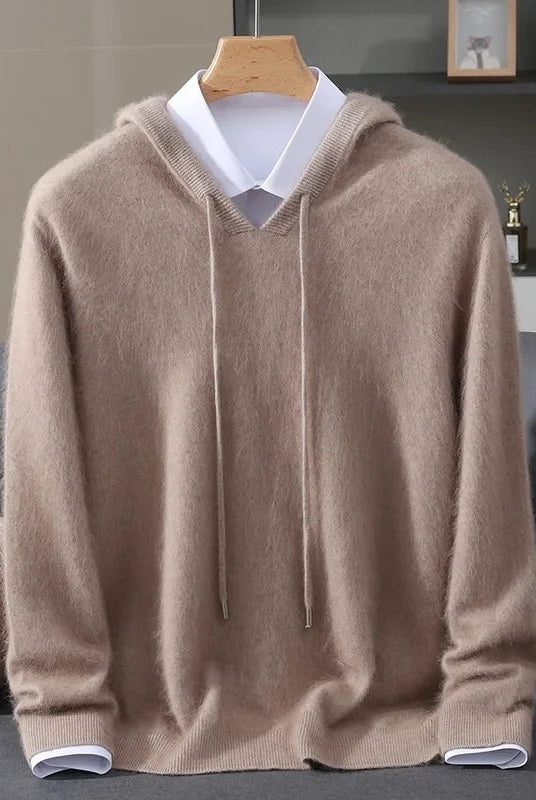 Men's lightweight knit hoodie in taupe, on a hanger, front view