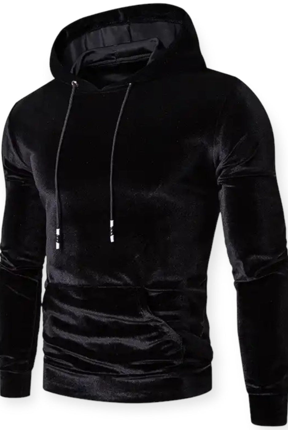 Men's velvet hoodie in black, front view