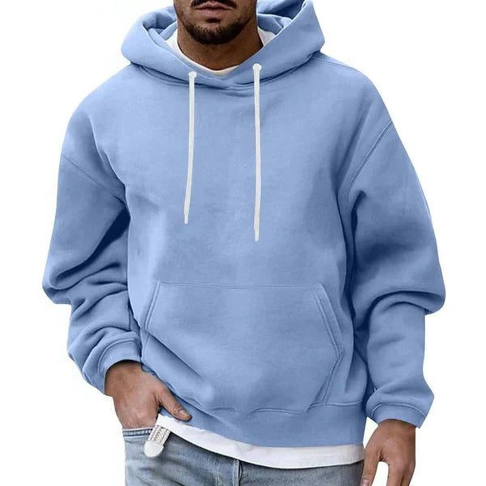 Men's oversized hoodie in light blue, worn, front view