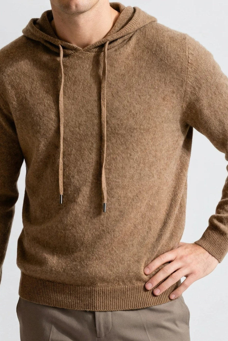 Men's fine-knit hooded jumper in brown, worn, front view