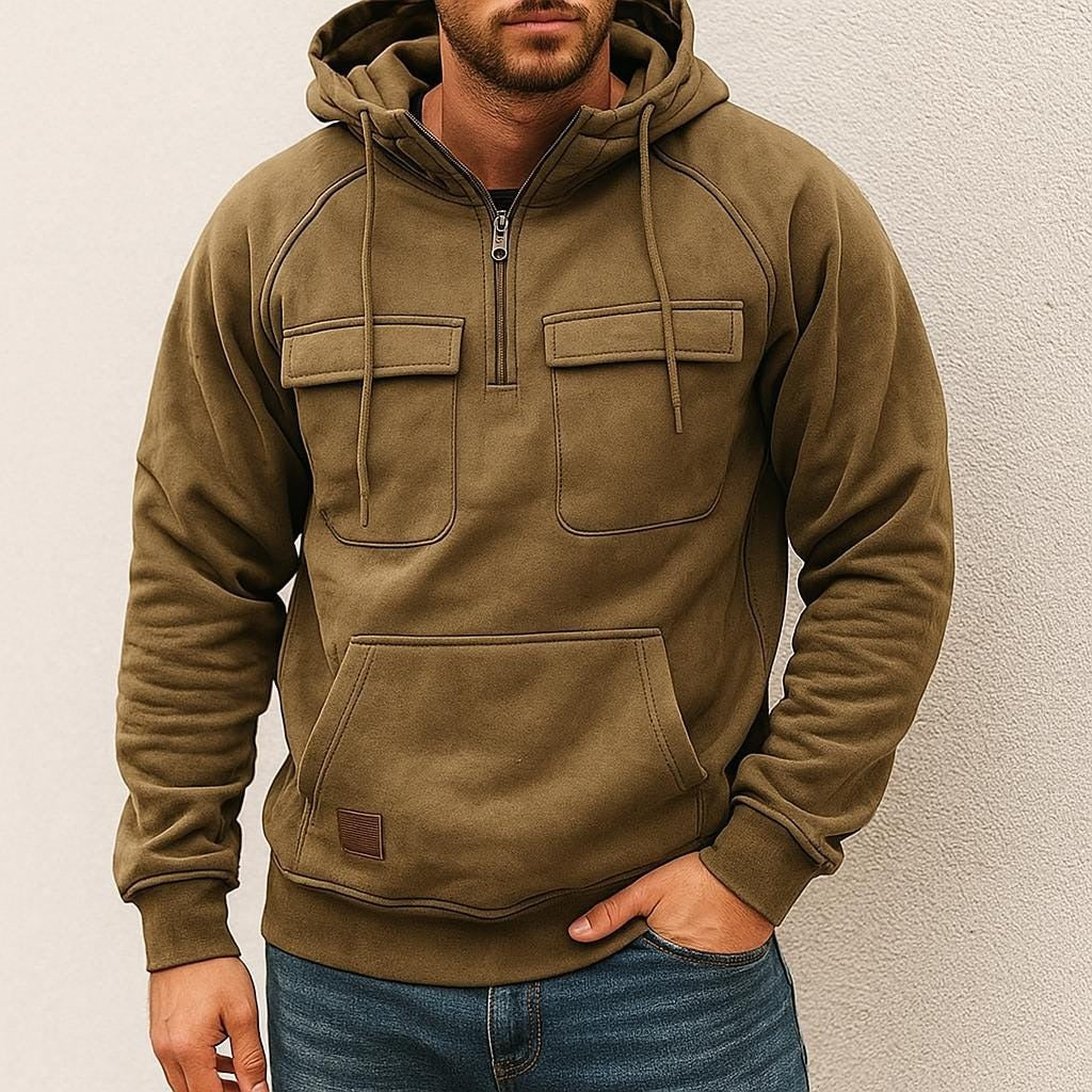 Men's half-zip utility hoodie with chest pockets in khaki, worn, front view