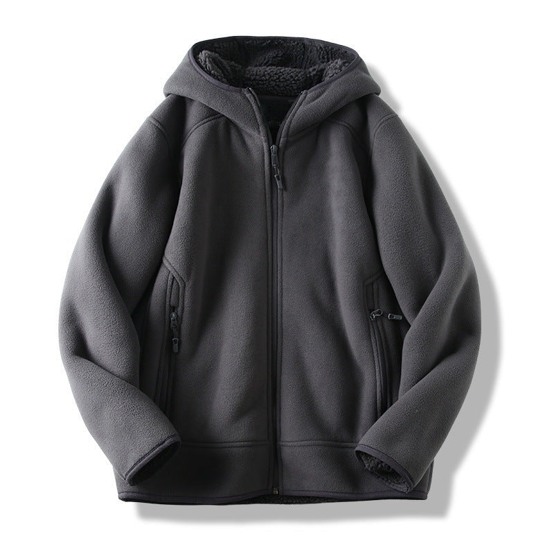 Men's sherpa-lined fleece jacket with hood in dark grey, front view