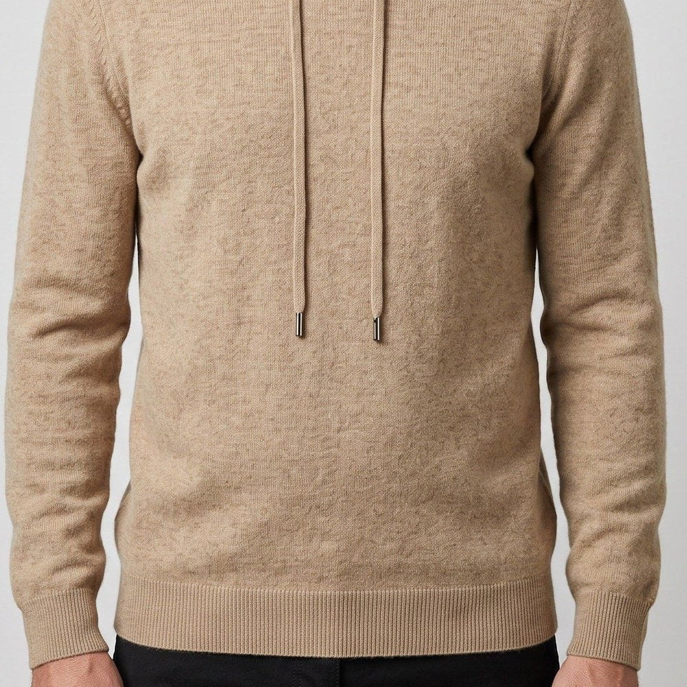 Men's knitted hooded jumper in beige, worn, front view