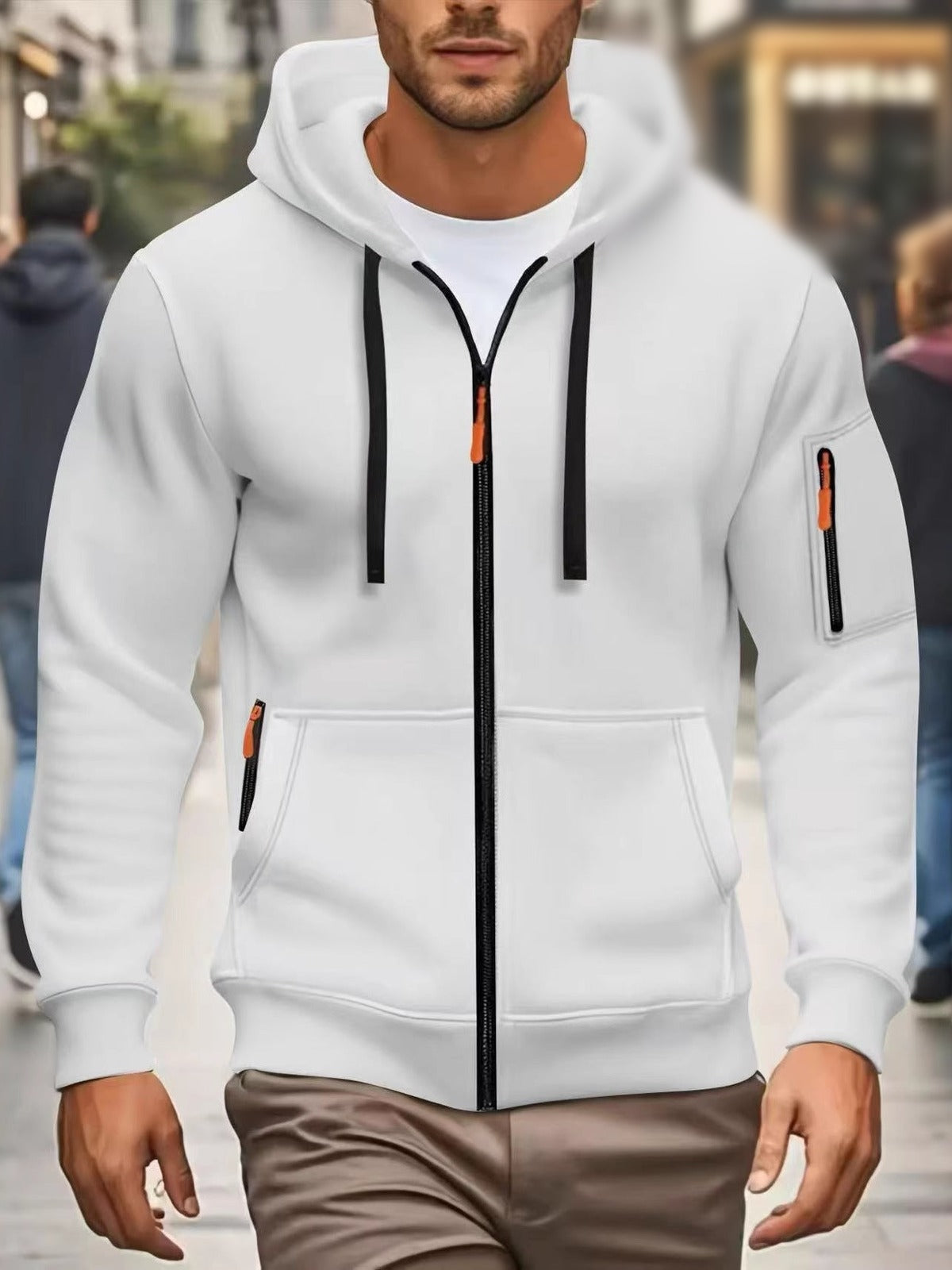 Men's full-zip hoodie with a sleeve pocket in white, worn, front view