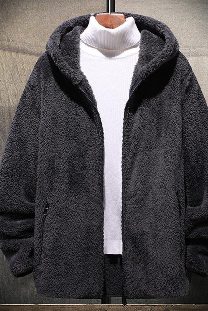 Men's hooded borg jacket in dark grey, on a hanger, front view