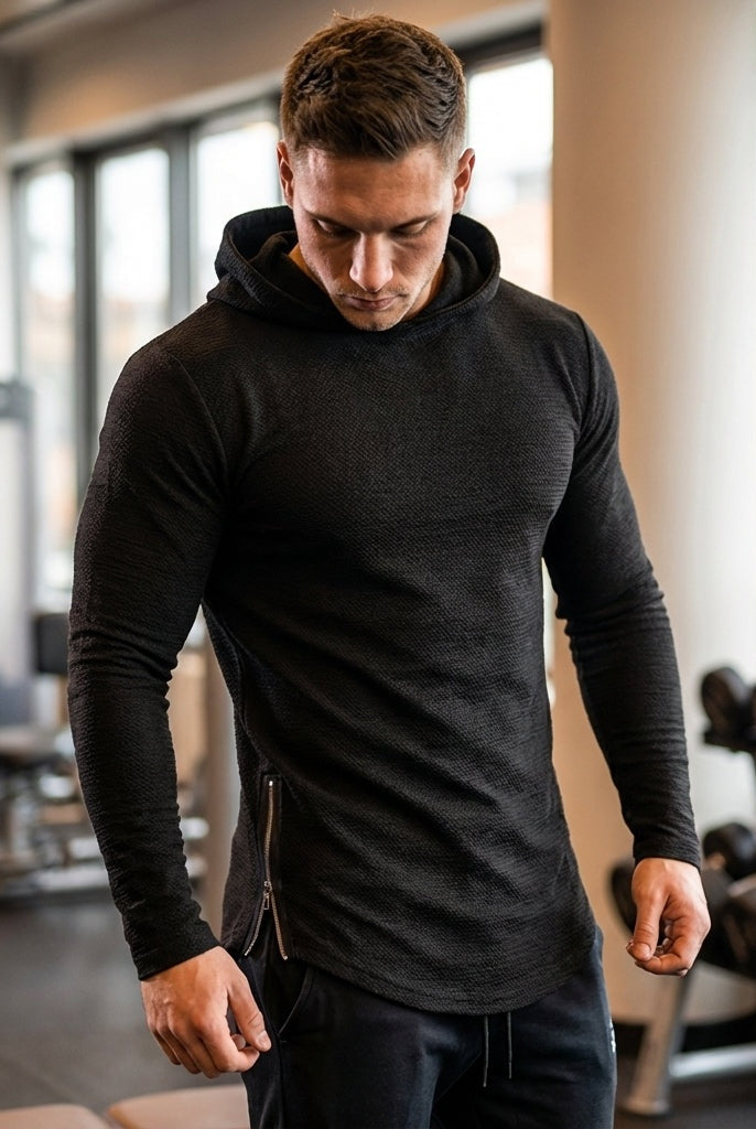 Men's slim-fit gym hoodie in black, worn in the gym