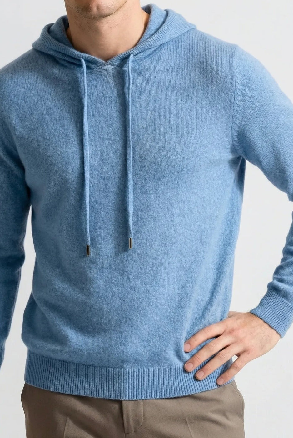 Men's fine-knit hooded jumper in blue, worn, front view
