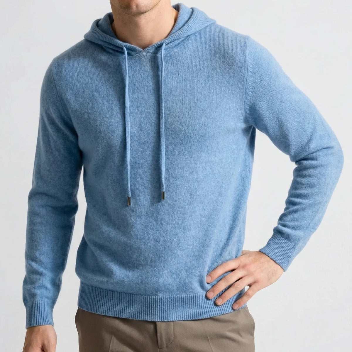 Men's fine-knit hooded jumper in blue, worn, front view