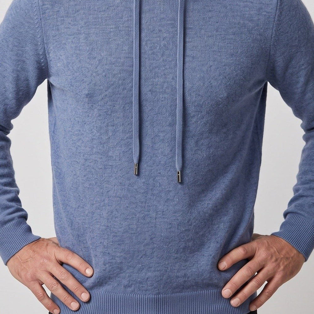 Men's knitted hooded jumper in blue, worn, front view