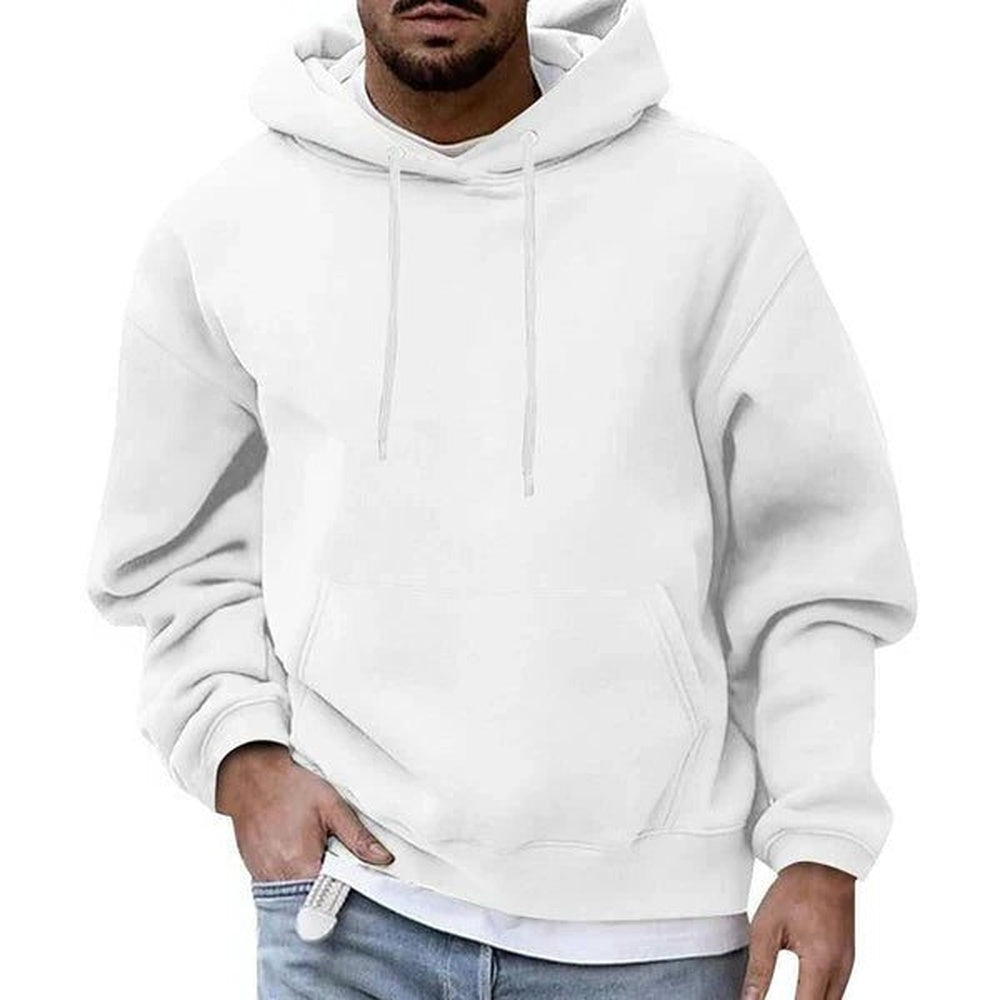 Men's oversized hoodie in white, worn, front view