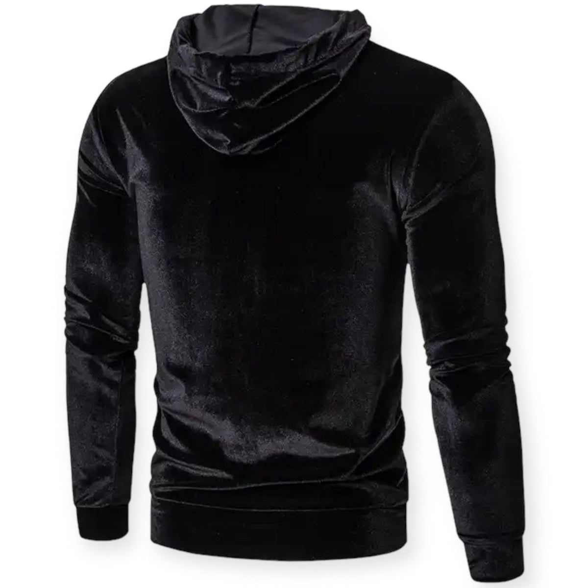 Men's velvet hoodie in black, back view