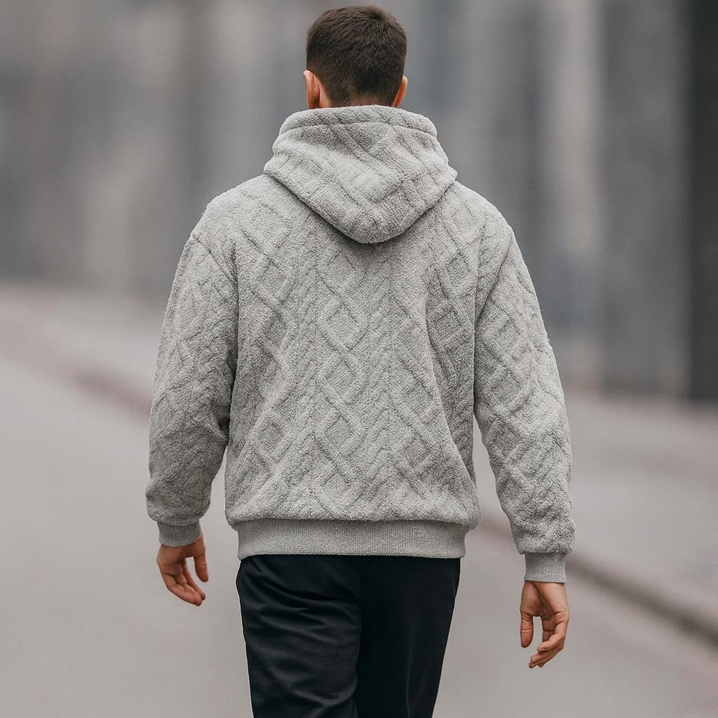 Men's quilted teddy fleece hoodie in grey, worn, back view