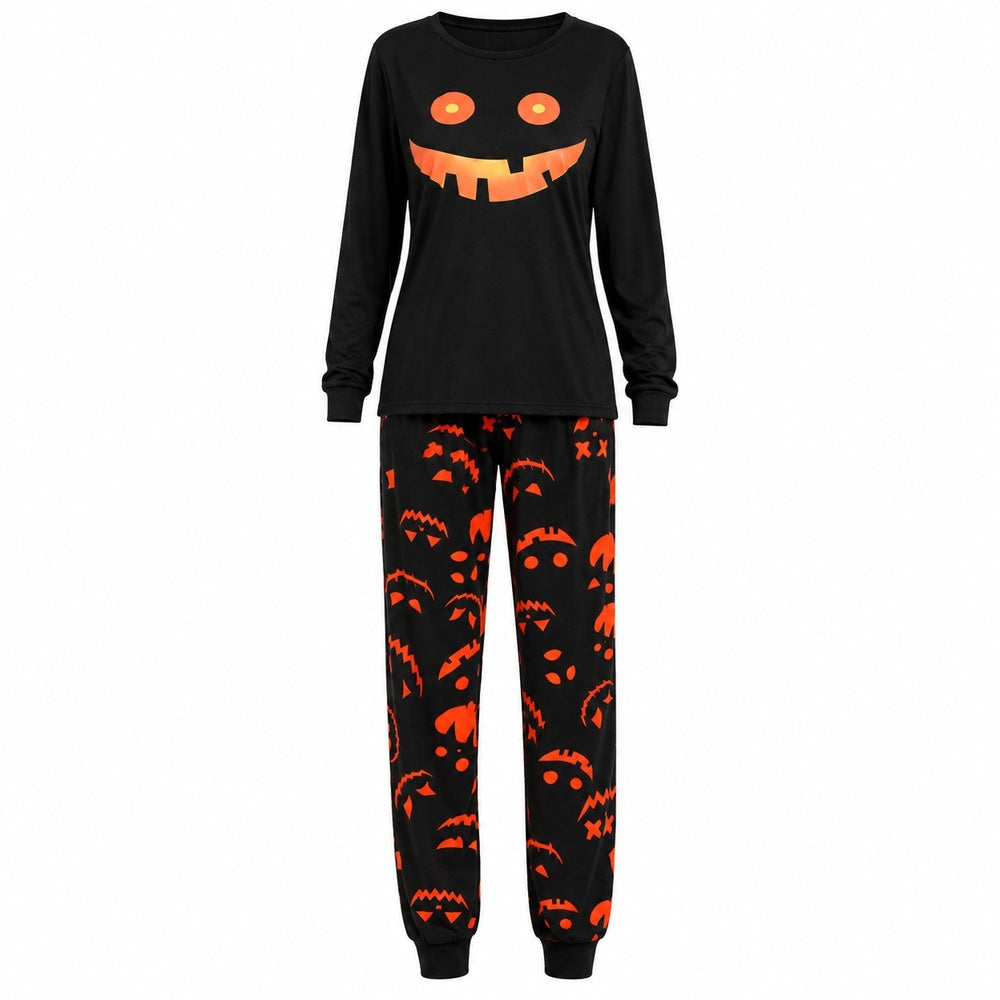 Black Halloween pyjama set with jack-o'-lantern top and pumpkin joggers
