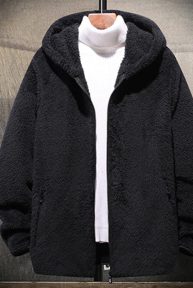 Men's hooded borg jacket in black, on a hanger, front view
