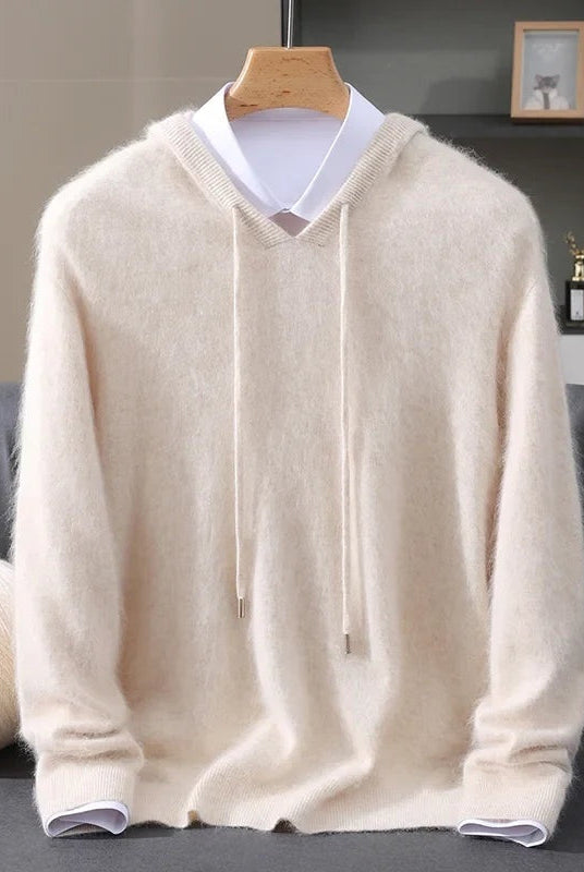 Men's lightweight knit hoodie in beige, on a hanger, front view