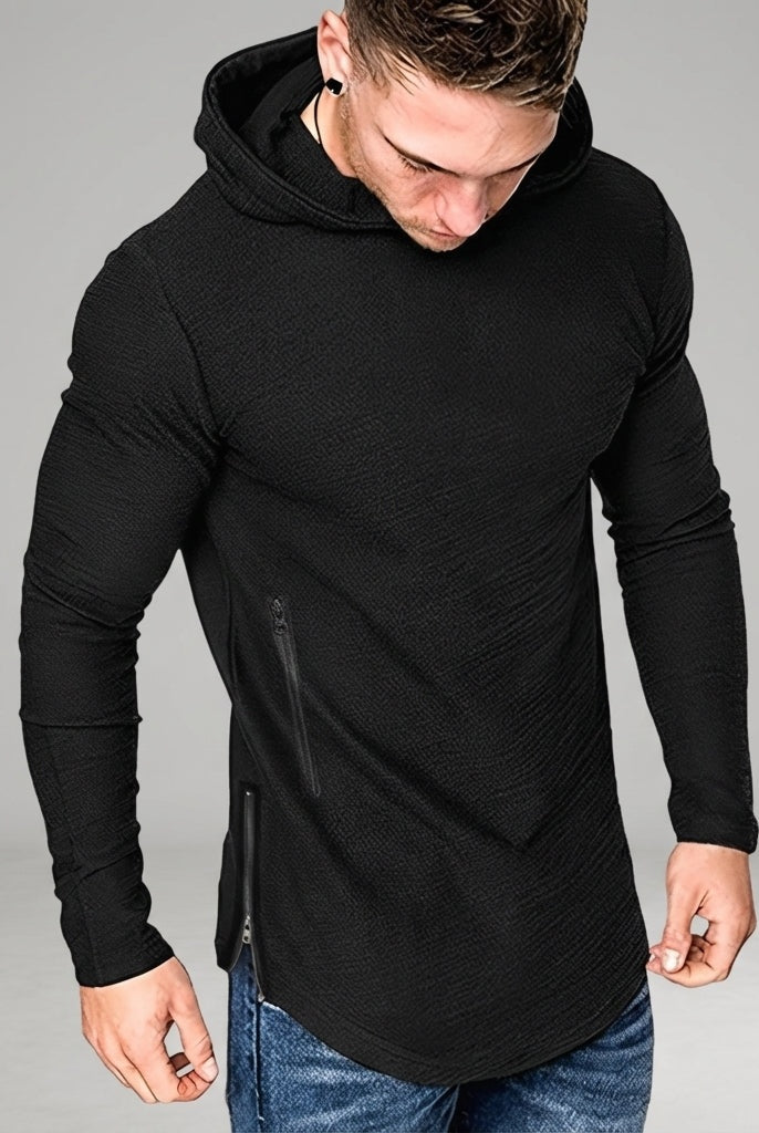 Men's slim-fit gym hoodie in black, worn, front view