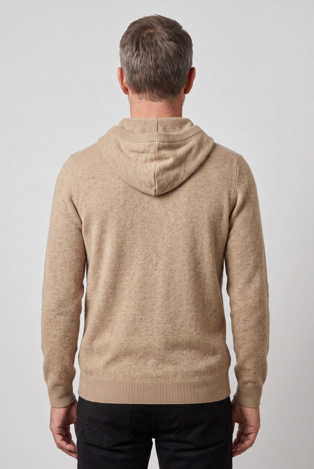 Men's knitted hooded jumper in beige, worn, back view