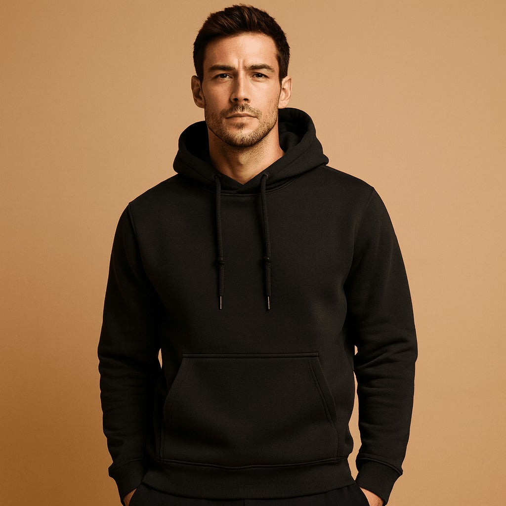 Men's classic drawstring hoodie in black, worn, front view