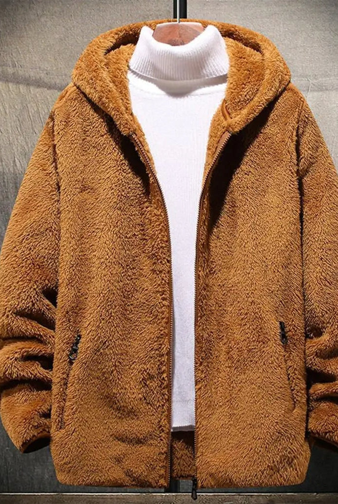 Men's hooded borg jacket in camel, on a hanger, front view
