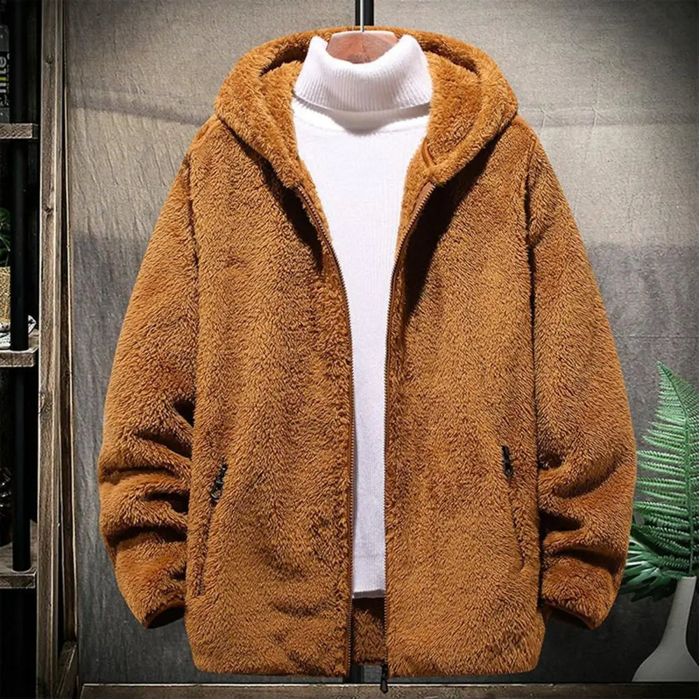 Men's hooded borg jacket in camel, on a hanger, front view
