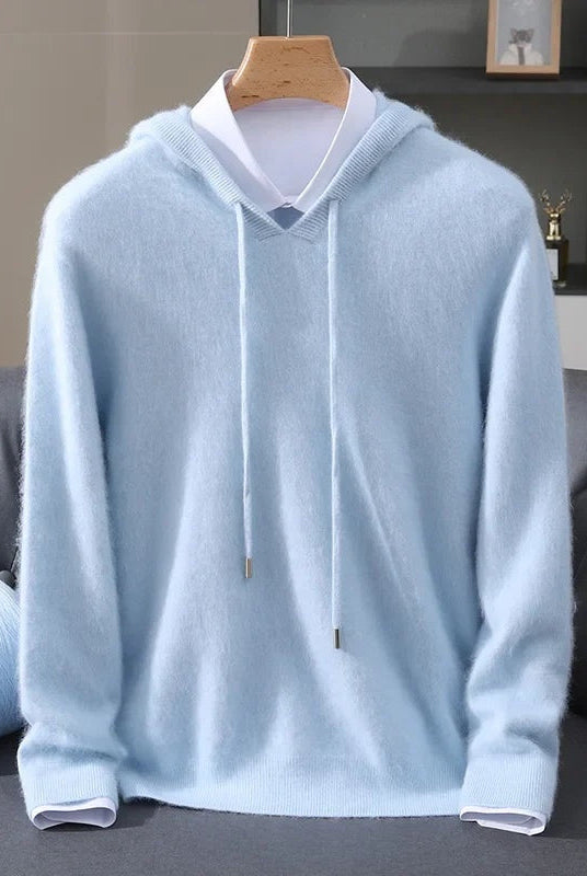 Men's lightweight knit hoodie in light blue, on a hanger, front view