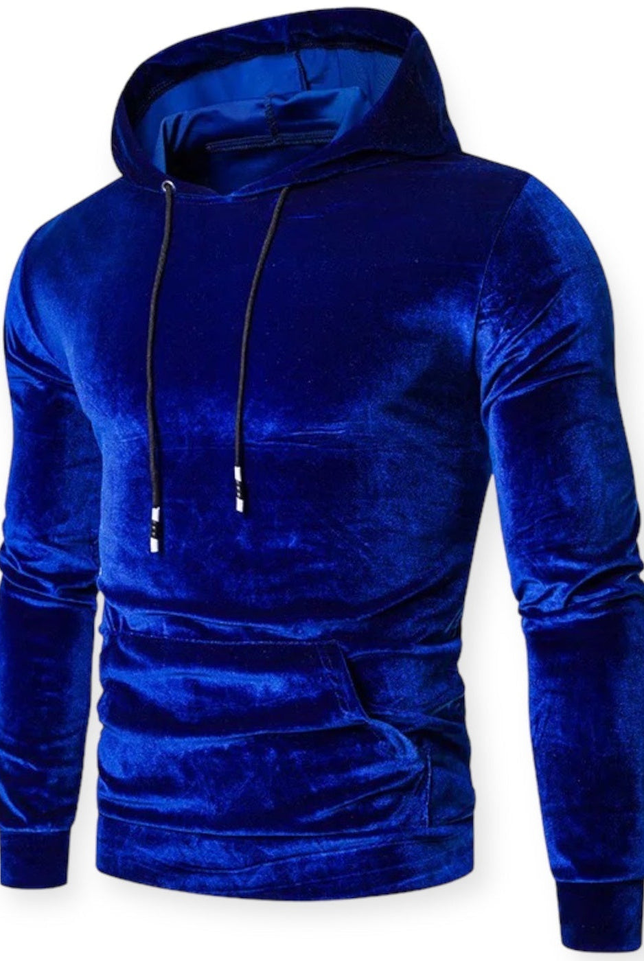 Men's velvet hoodie in royal blue, front view