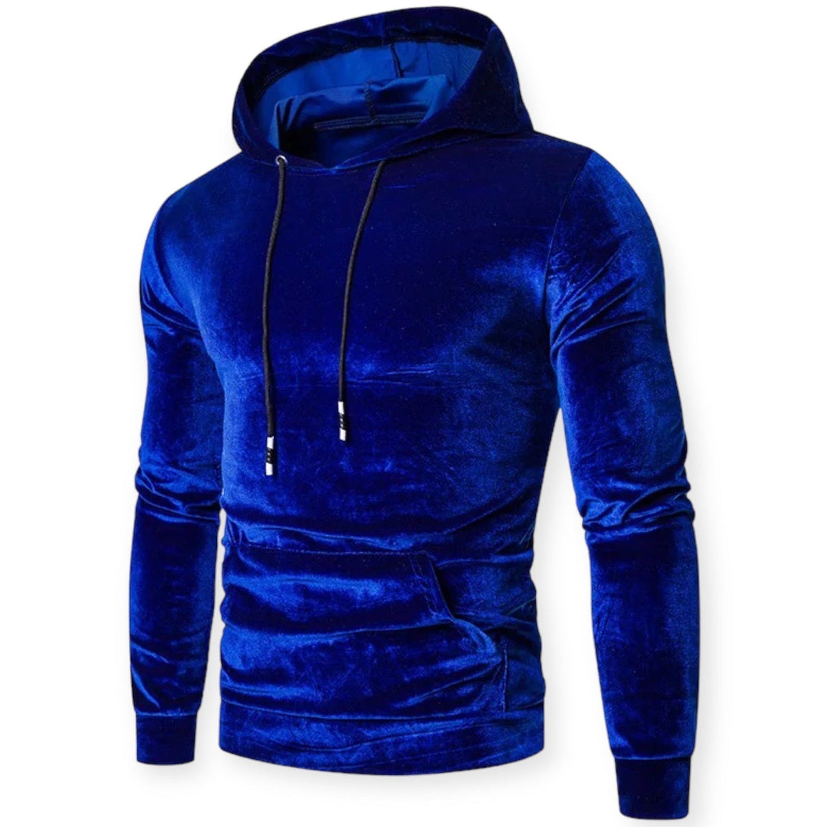 Men's velvet hoodie in royal blue, front view