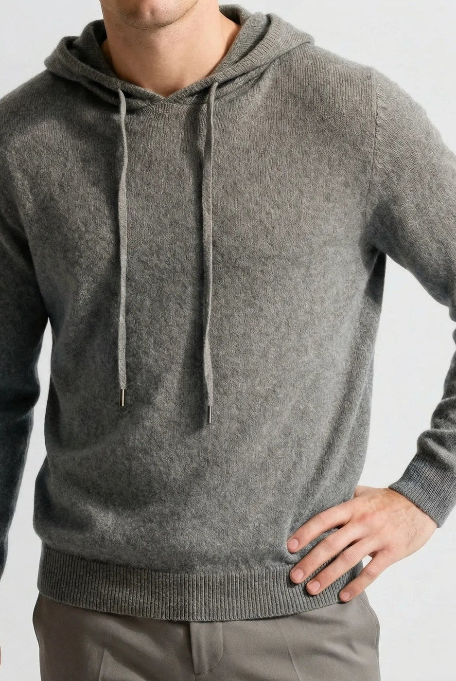 Men's fine-knit hooded jumper in grey, worn, front view