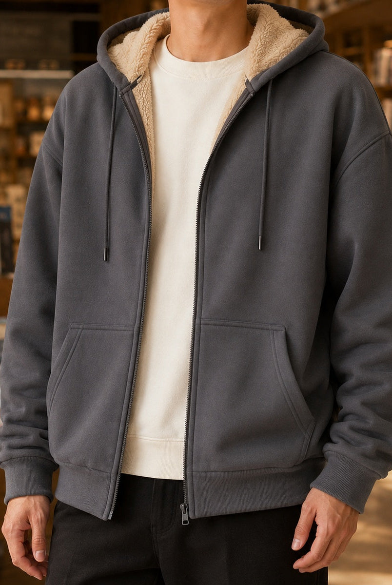Men's zip-through hoodie in grey, worn, front view
