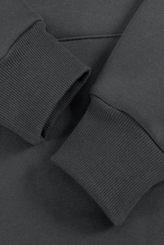 Men's heavyweight cotton hoodie in dark grey, close-up of the ribbed cuff