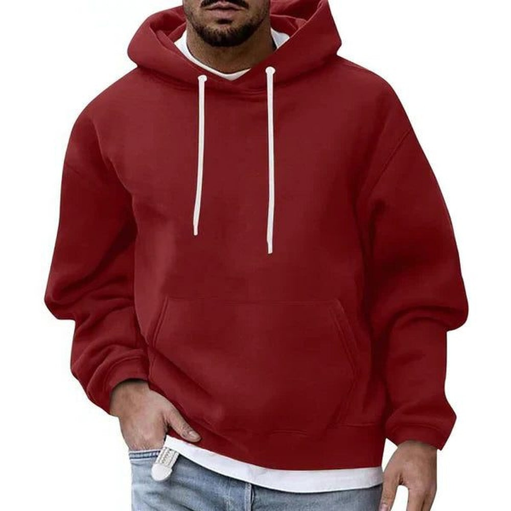 Men's oversized hoodie in wine red, worn, front view