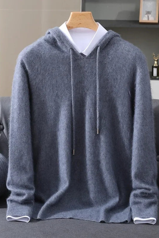 Men's lightweight knit hoodie in blue grey, on a hanger, front view