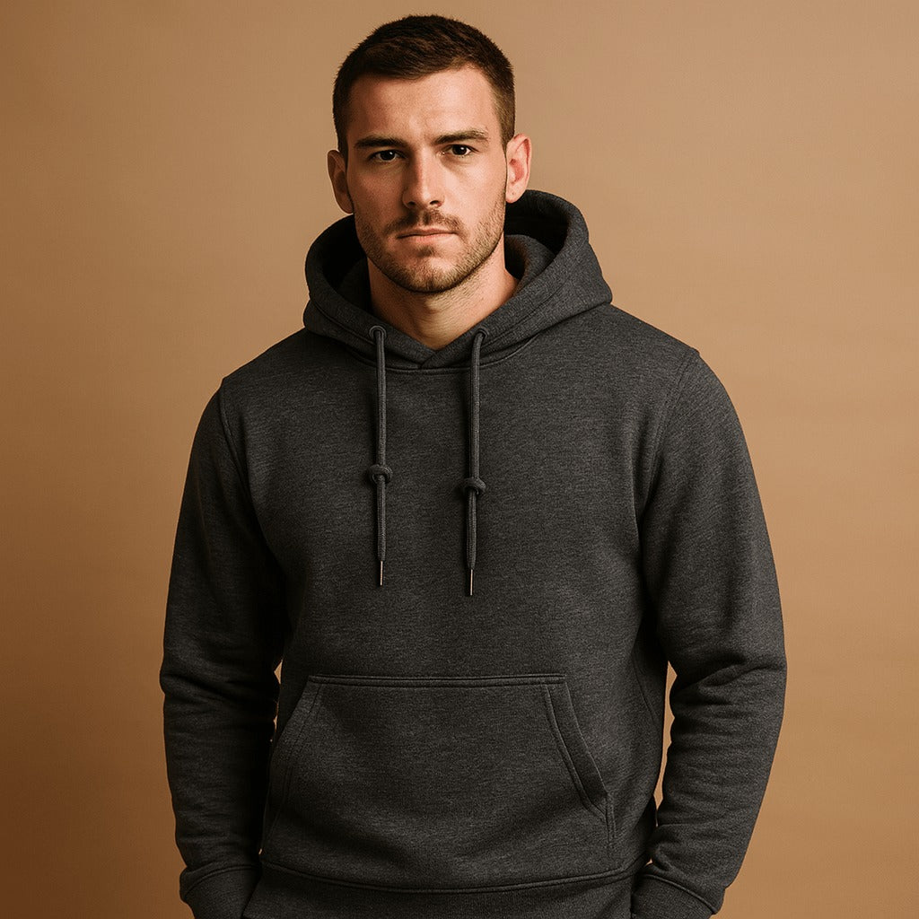 Men's classic drawstring hoodie in dark grey, worn, front view