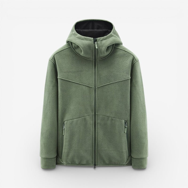Men's hooded fleece zip jacket in sage green, front view