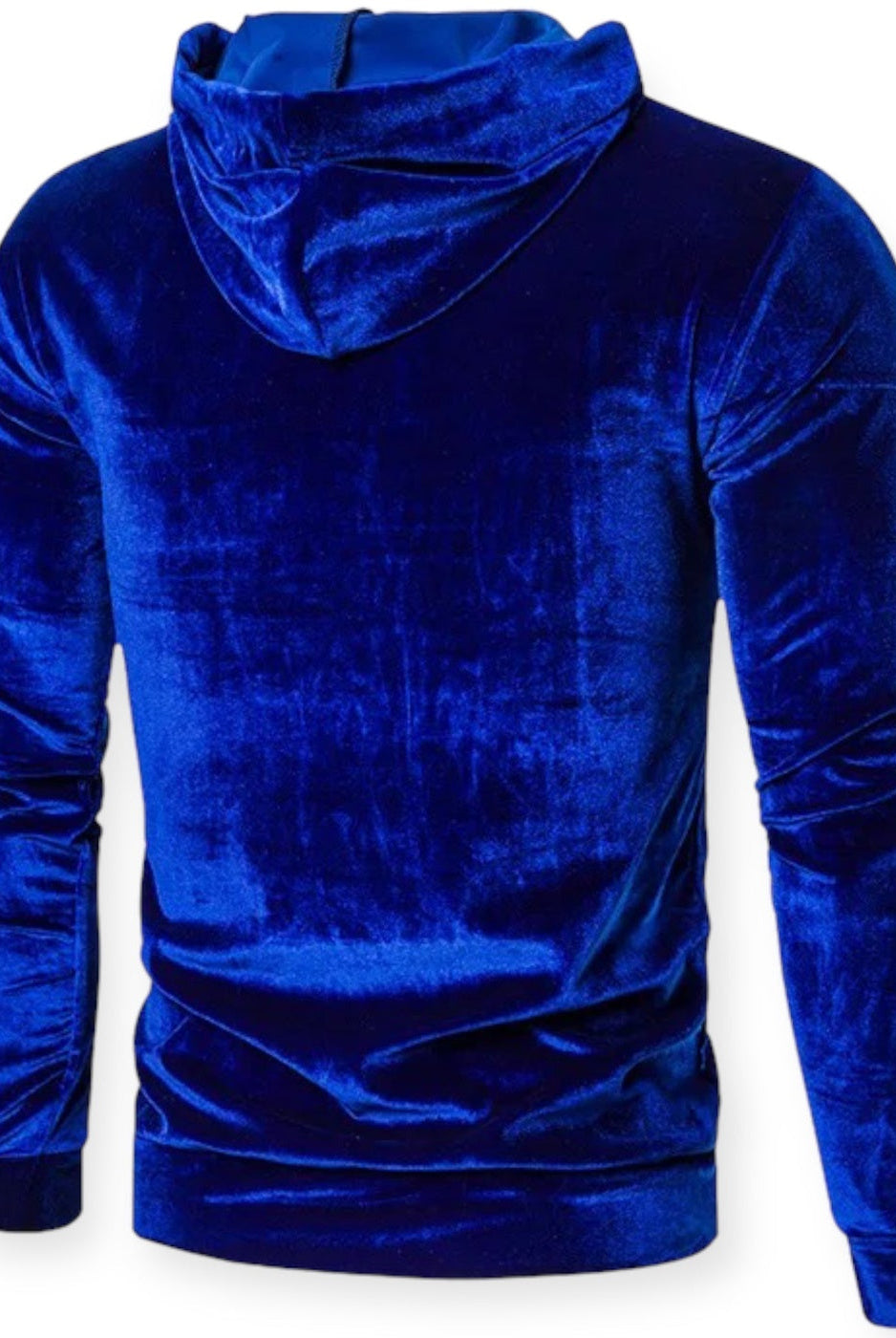 Men's velvet hoodie in royal blue, back view