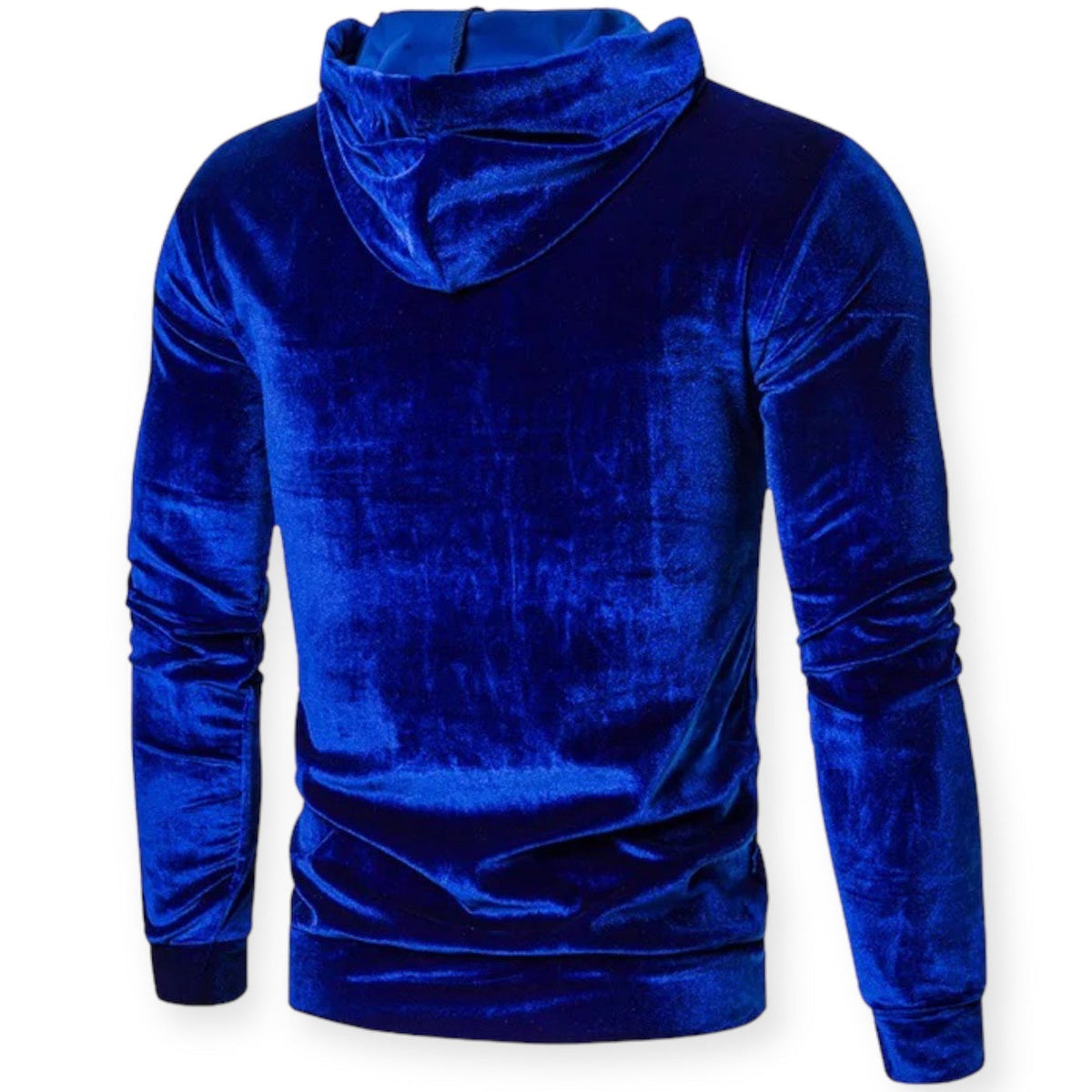 Men's velvet hoodie in royal blue, back view