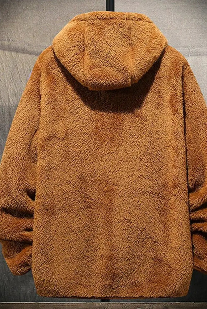 Men's hooded borg jacket in camel, on a hanger, back view