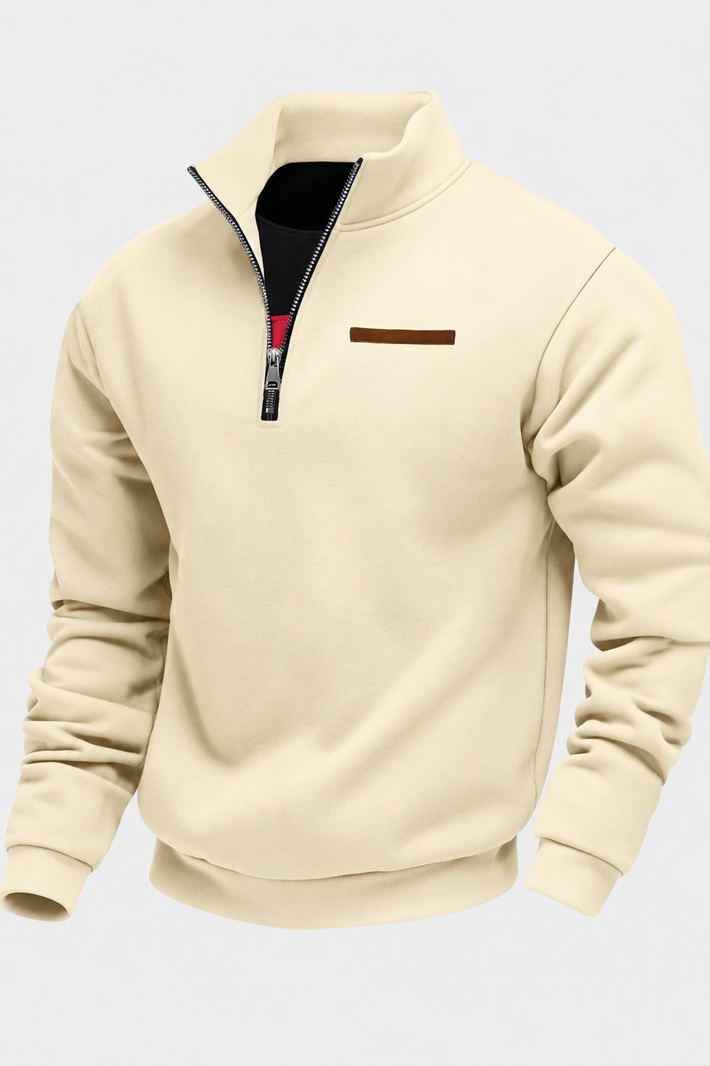 Beige funnel neck sweatshirt with a quarter zip and leather-look chest tab, product shot | Chaps London