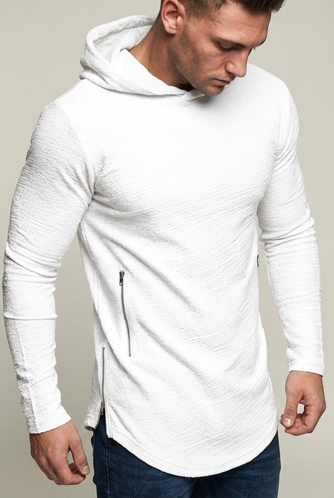 Men's slim-fit gym hoodie in white, worn, front view