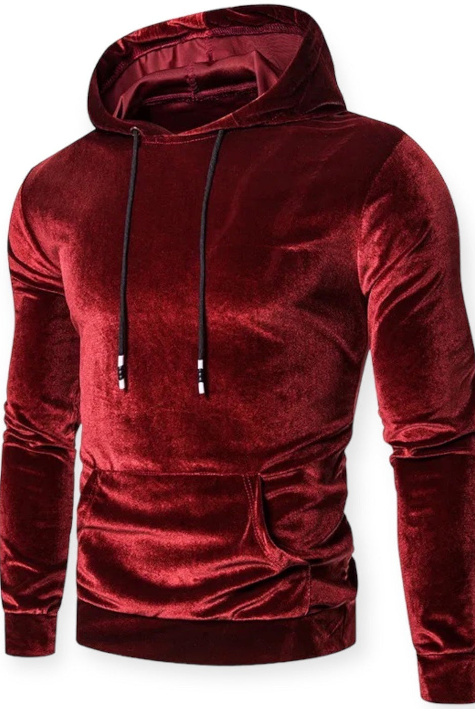 Men's velvet hoodie in red, front view