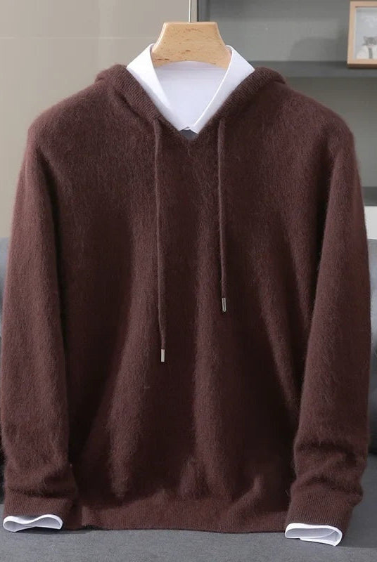 Men's lightweight knit hoodie in brown, on a hanger, front view