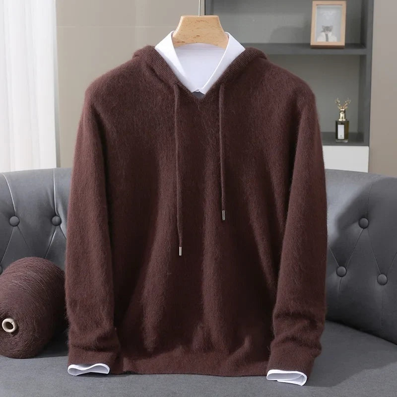 Men's lightweight knit hoodie in brown, on a hanger, front view