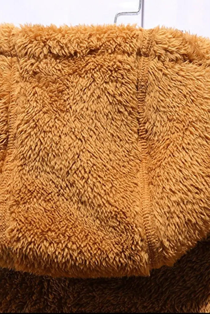 Men's hooded borg jacket in camel, close-up of the hood