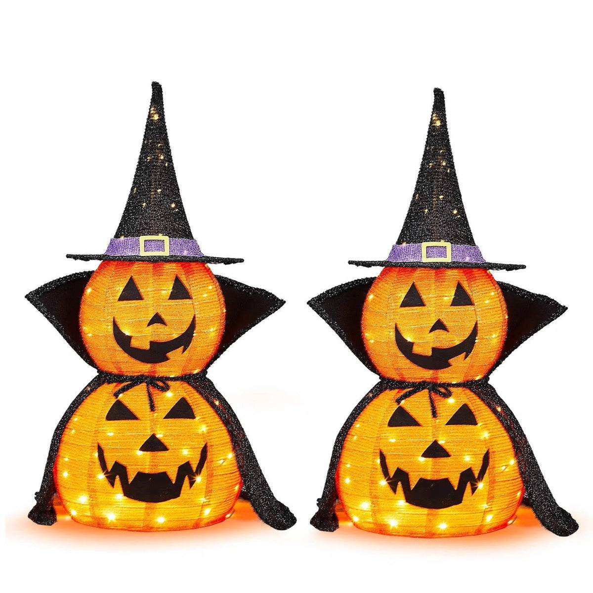 Set of 2 light-up pumpkins with witch hats