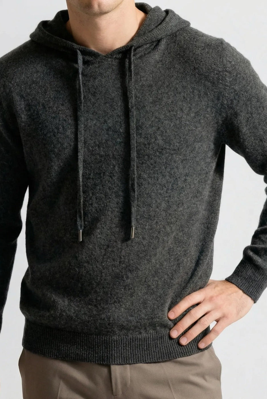 Men's fine-knit hooded jumper in dark grey, worn, front view