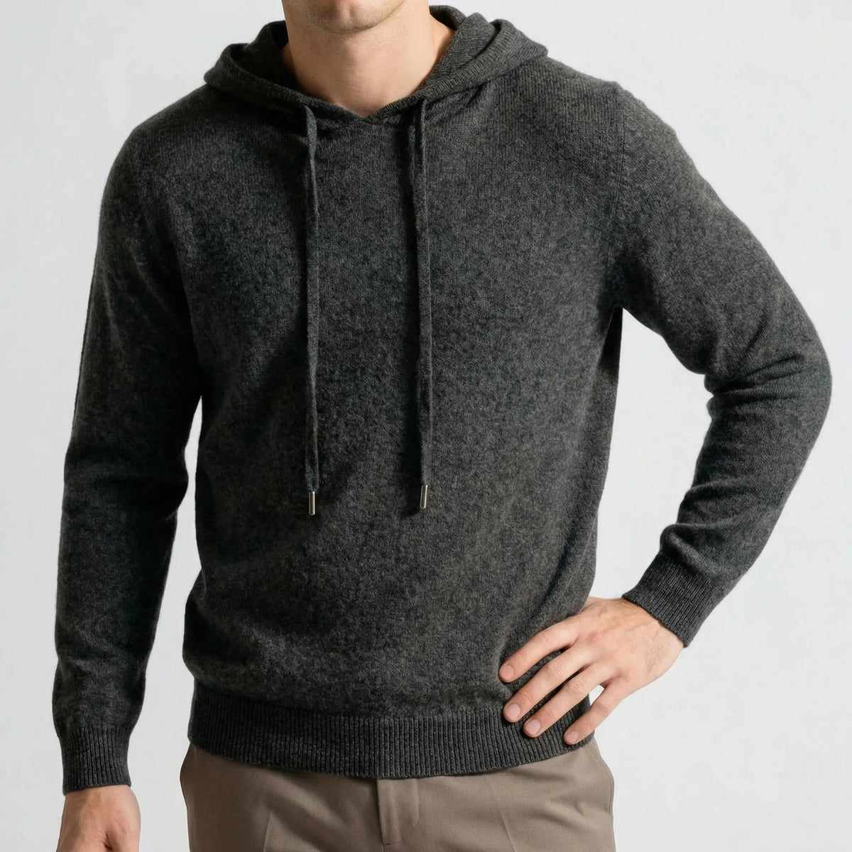 Men's fine-knit hooded jumper in dark grey, worn, front view