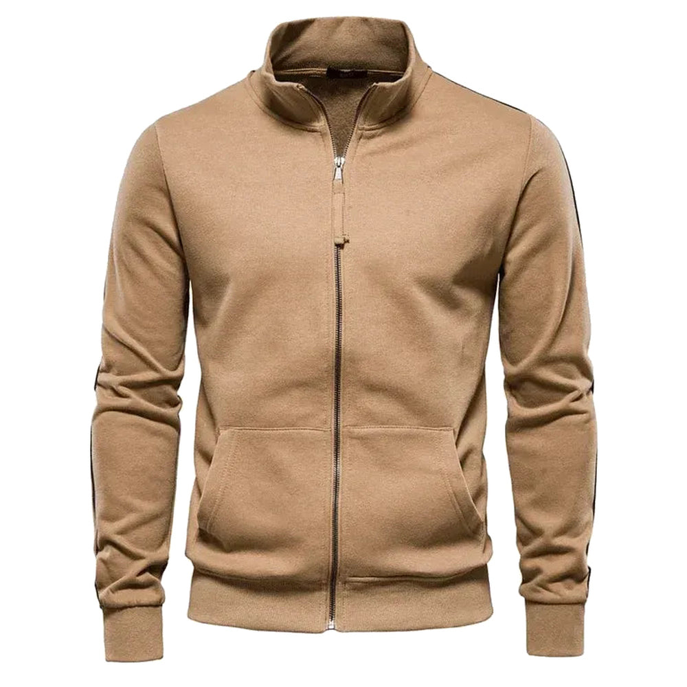 Camel zip-up sweatshirt with a stand collar, shown on a white background | Chaps London