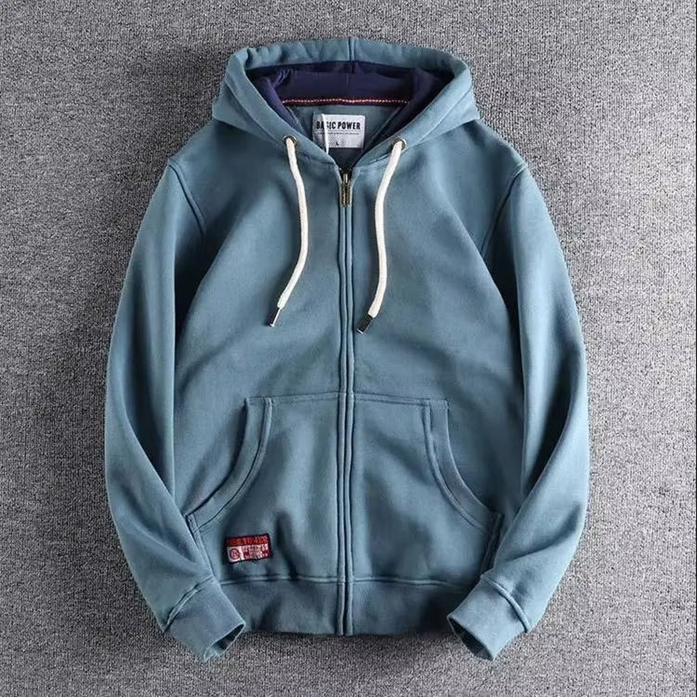 Dusty blue zip-up hoodie with a lined hood and kangaroo pocket, laid flat | Chaps London