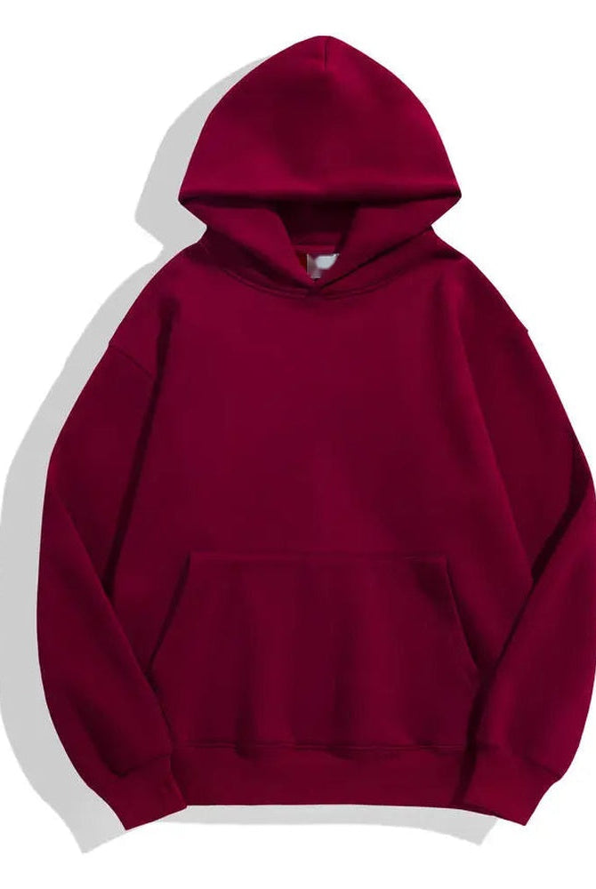 Men's heavyweight cotton hoodie in burgundy, front view