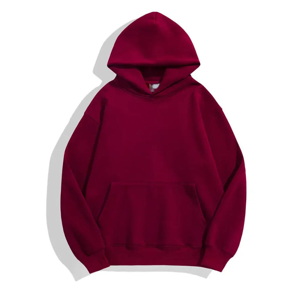 Men's heavyweight cotton hoodie in burgundy, front view
